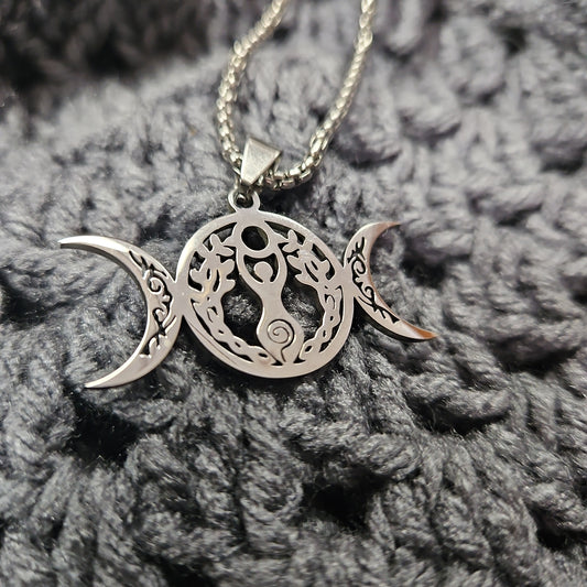 Triple Moon Goddess Stainless Steel Necklace