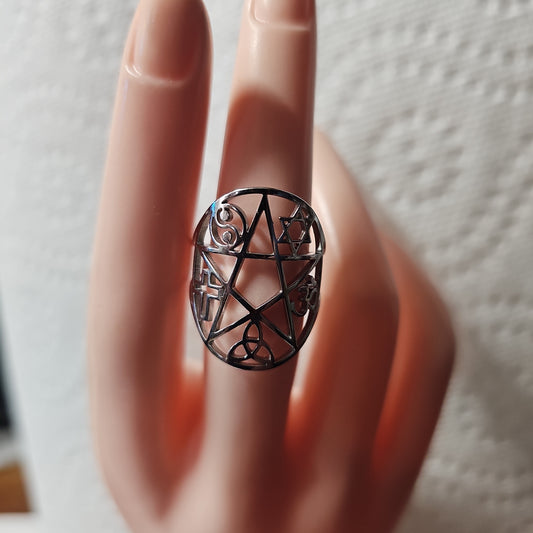 Adjustable Symbol Ring, Yin Yang, Pentagram, Triquetra, Cross