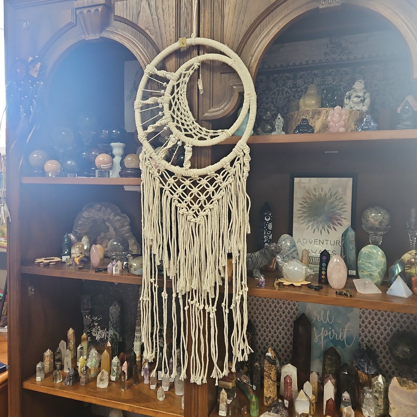 Macarme Cresent Moon with Quartz Point Wall Art / Dream Catcher