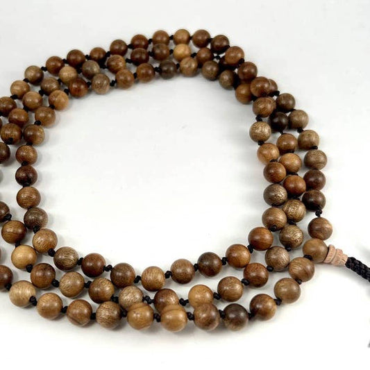 Sustainable Gold Phoebe Wood Knotted 108 Bead Mala - Prayer Beads - 8mm