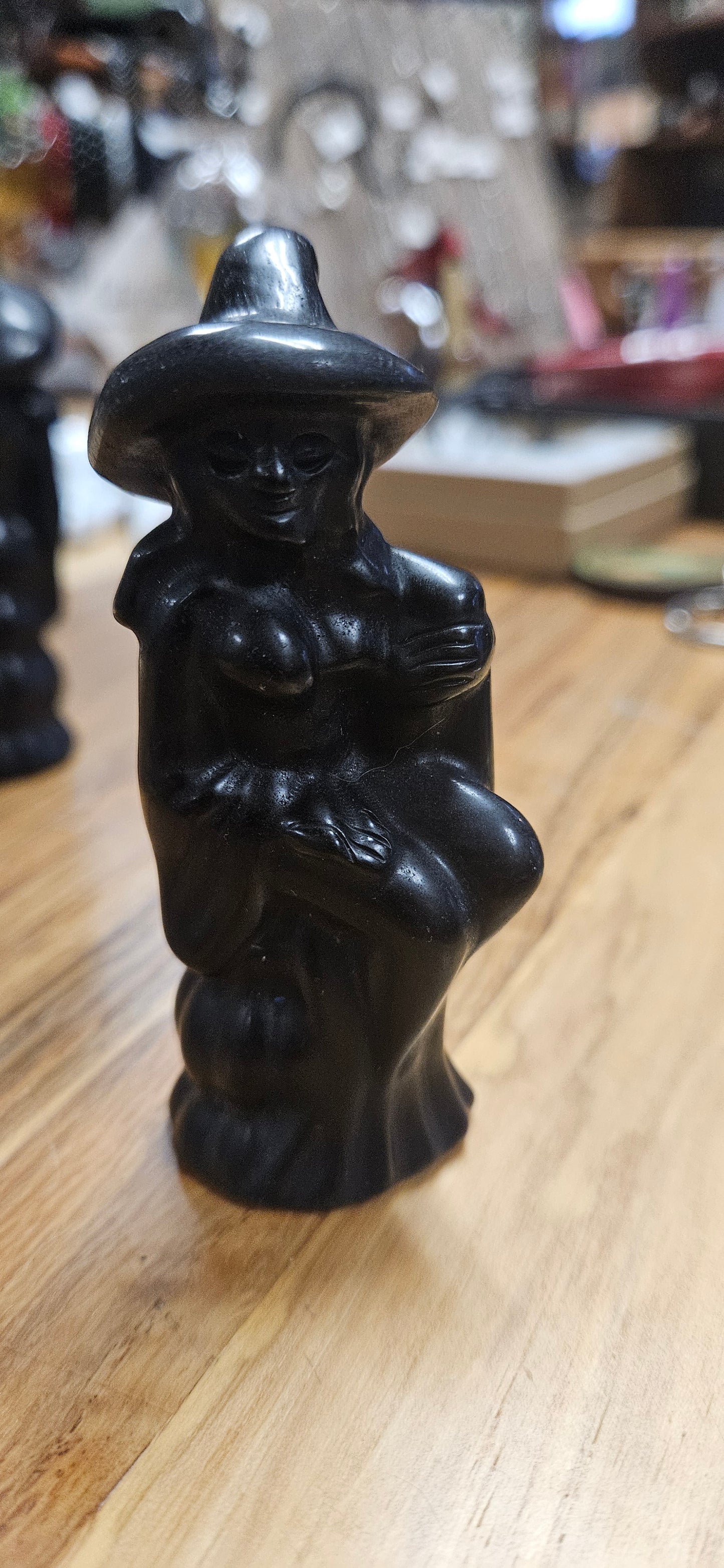 Obsidian Carved Witch on Broom  3 1/2"