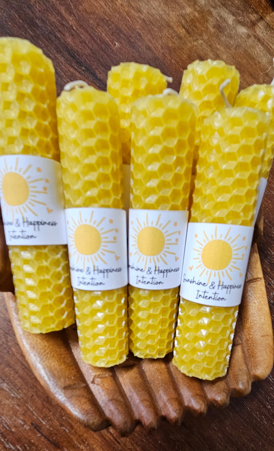 Reiki Infused Intention Beeswax Candle - Sunshine & Happiness - 4" Hand Rolled