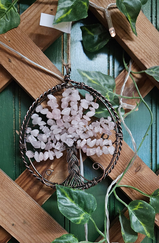 Rose Quartz Tree of Life Crystal & Wire Suncatcher 4"