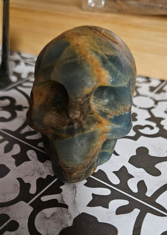 Blue Calcite "Blue Onyx" (Lemurian Aquatine) Carved Skull
