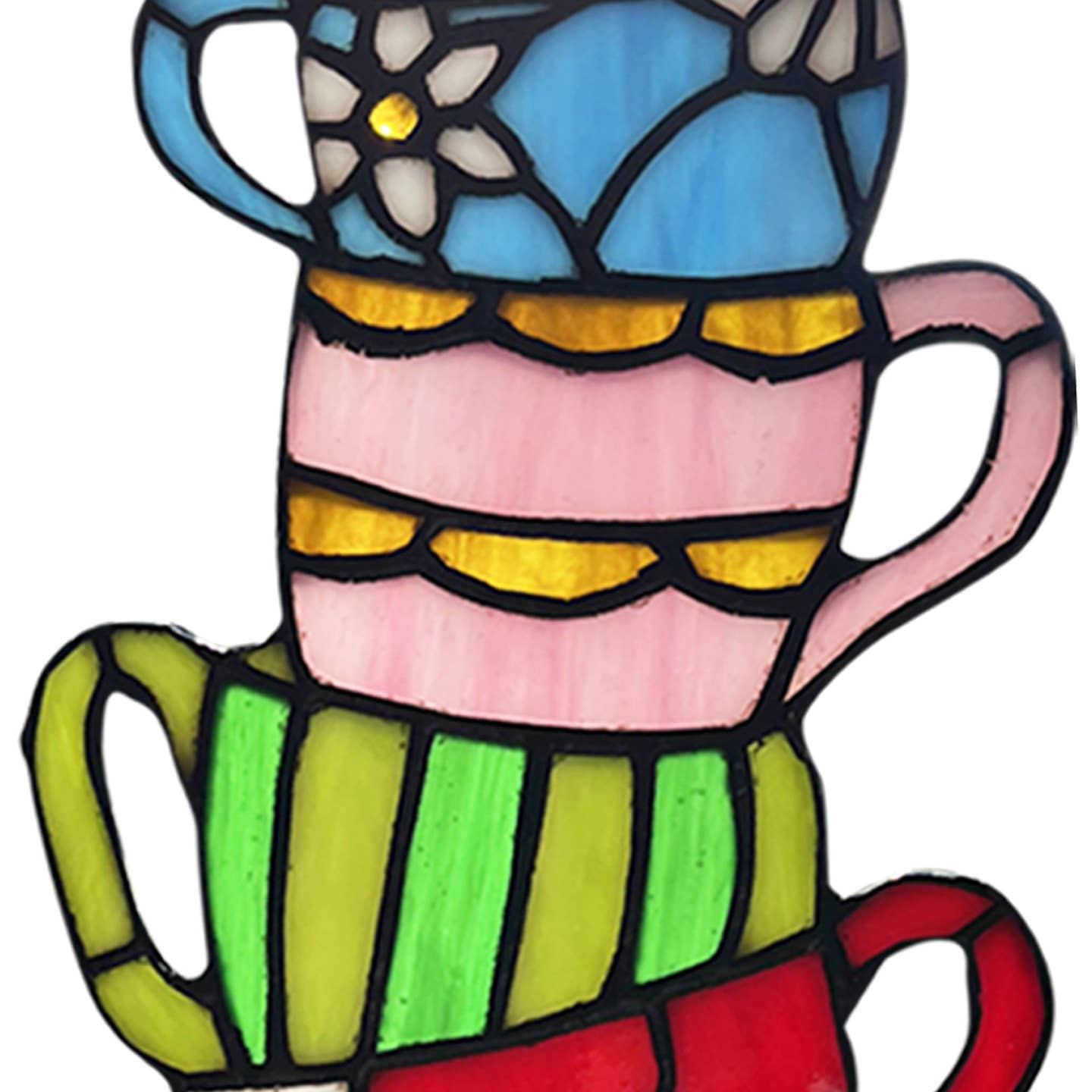 Colorful Stacked Teacups Stained Glass Window Panel 10 1/4 " H