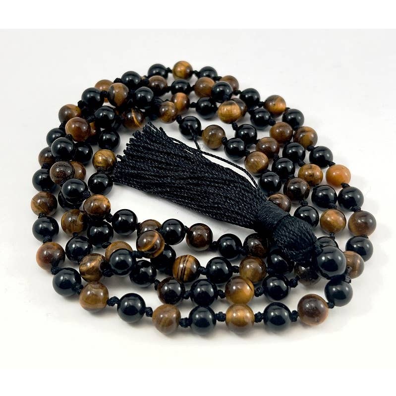 Tiger's Eye & Black Obsidian Knotted 108 Bead Mala - 8mm