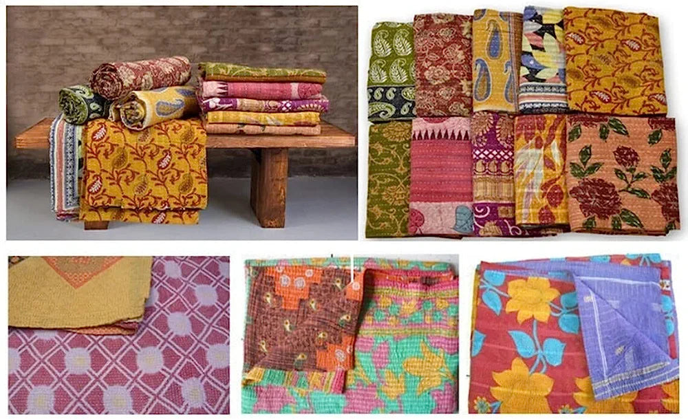 Vintage Kantha Quilts Handmade Old Saree Made Gudari Boho Bedding Throw Blanket