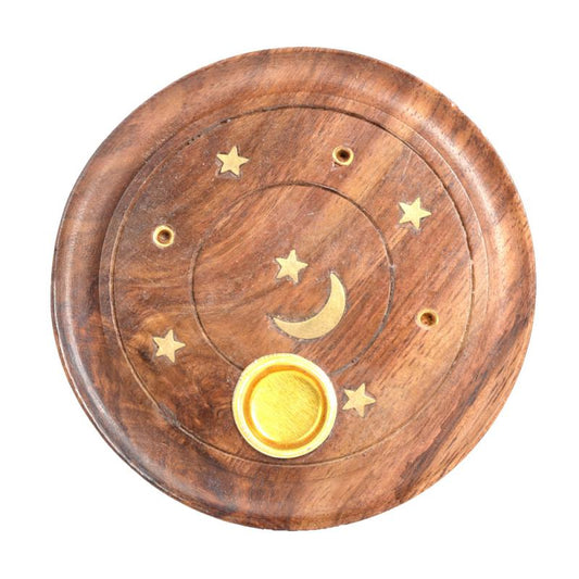 Wooden Star and Moon Round Cone and Stick Incense Holder with Brass Inlay