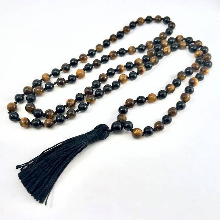 Tiger's Eye & Black Obsidian Knotted 108 Bead Mala - 8mm