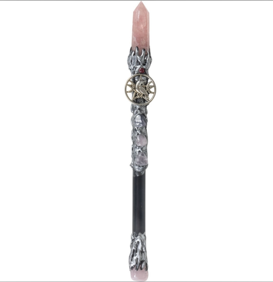Magik Wand - Rose Quartz Point w/ Silver Raven on Pentacle