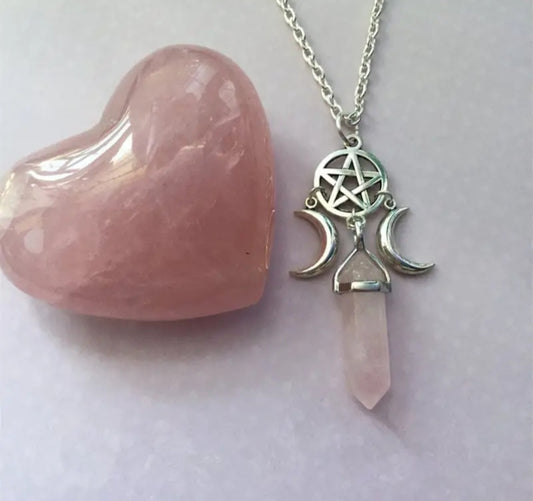 Rose Quartz Point with Pentacle and Two Moons Necklace