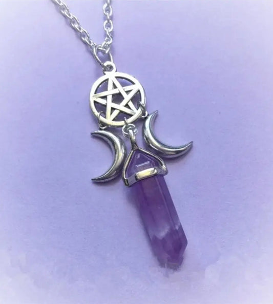 Amethyst Point with Pentacle and Two Moons Necklace