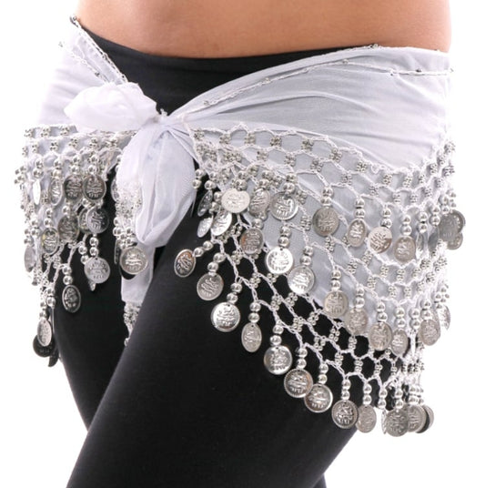 Belly Dance Coin Skirt / Hip Scarf Silver Coins (Small / Med) White