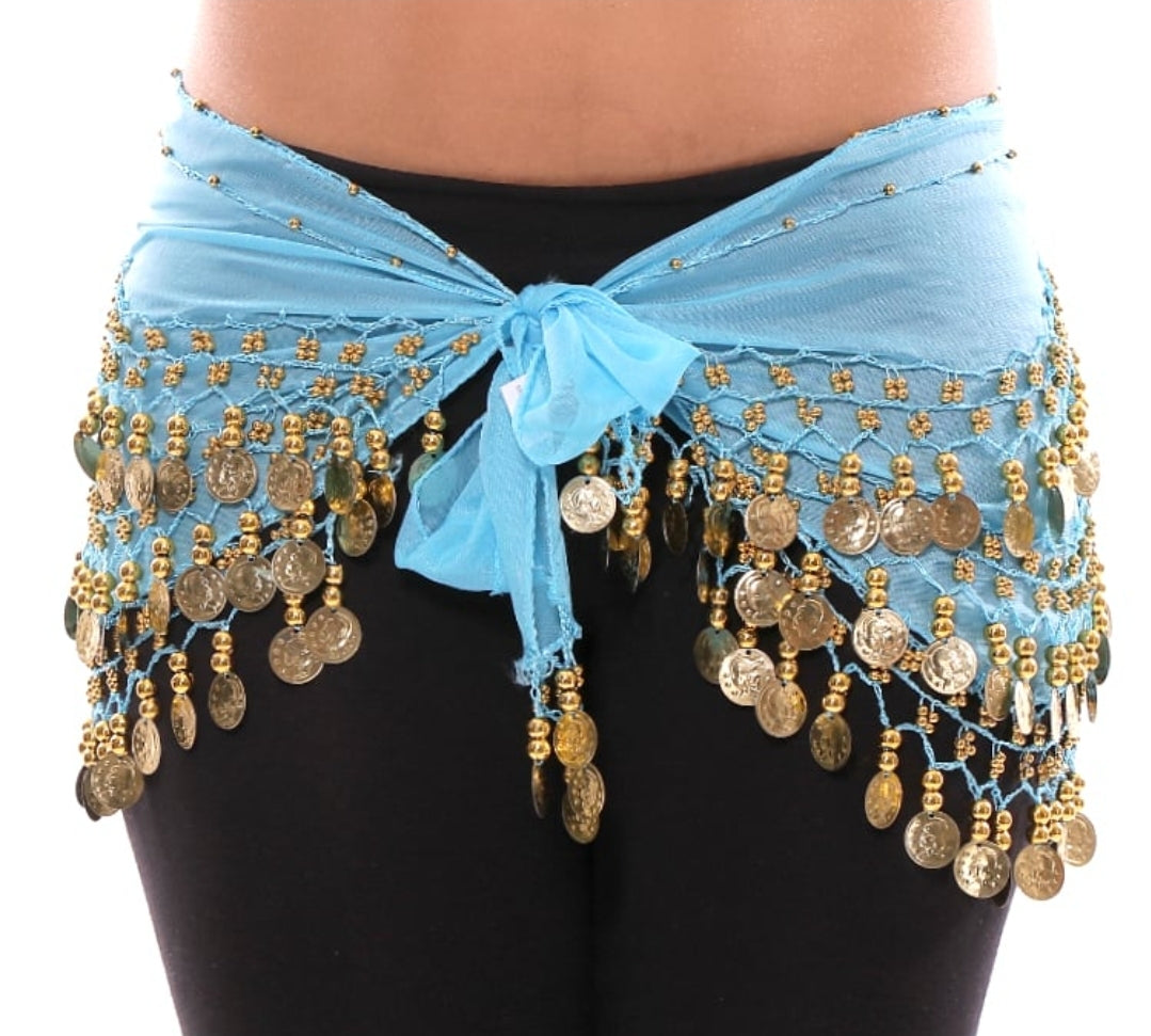 Belly Dance Coin Skirt / Hip Scarf Gold Coins (Med /Large) - Sky Blue