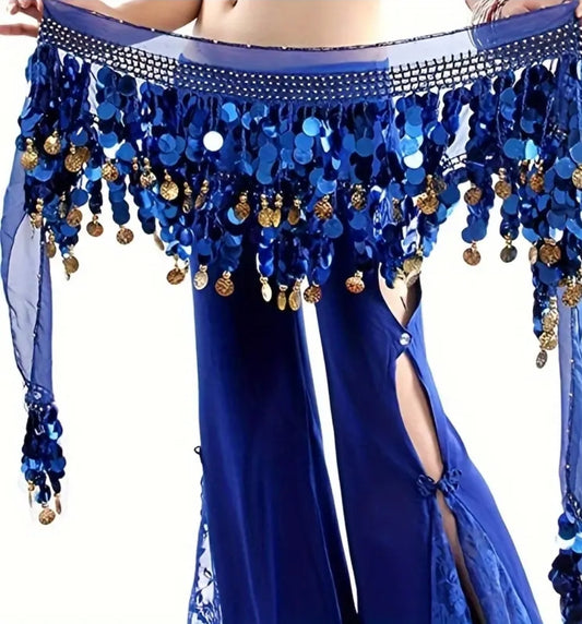 Belly Dance, Hip Scarf, Gold Coin Skirt - Flashy Blue Gold Coin