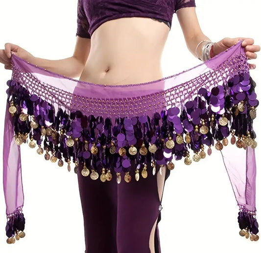 Belly Dance, Hip Scarf, Coin Skirt - Flashy Purple Gold Coins