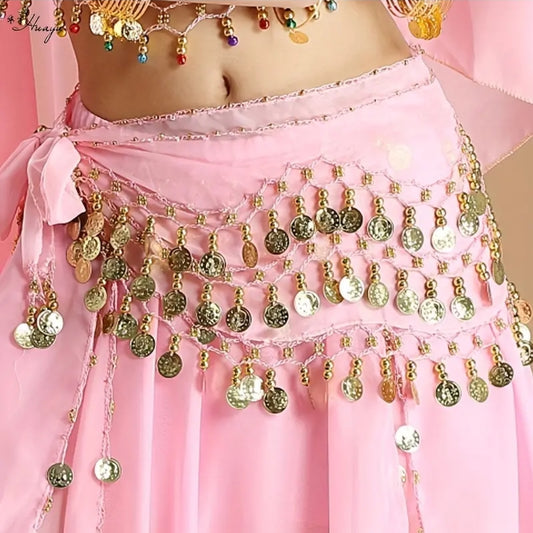 Belly Dance, Hip Scarf, Coin Skirt - Pink Gold Coins