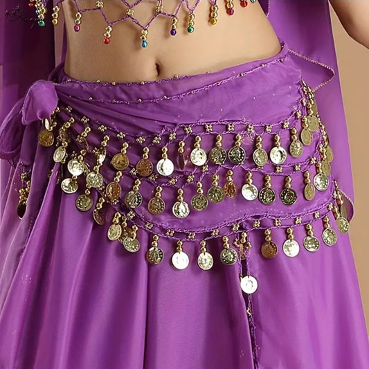 Belly Dance, Hip Scarf, Coin Skirt - Purple Gold Coins