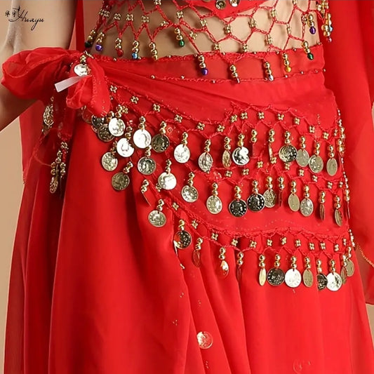 Belly Dance, Hip Scarf, Coin Skirt - Red Gold Coins