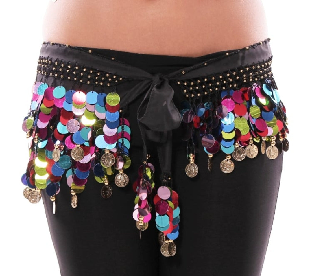 Belly Dance, Hip Scarf, Coin Skirt - Multi Color, Gold Coins