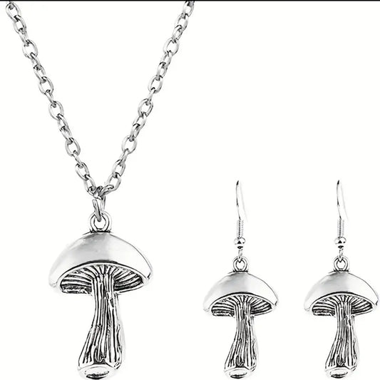 Mushroom Earrings and Necklace Set - Silver