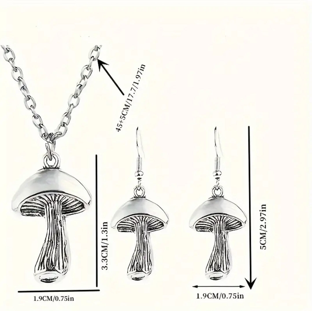 Mushroom Earrings and Necklace Set - Silver