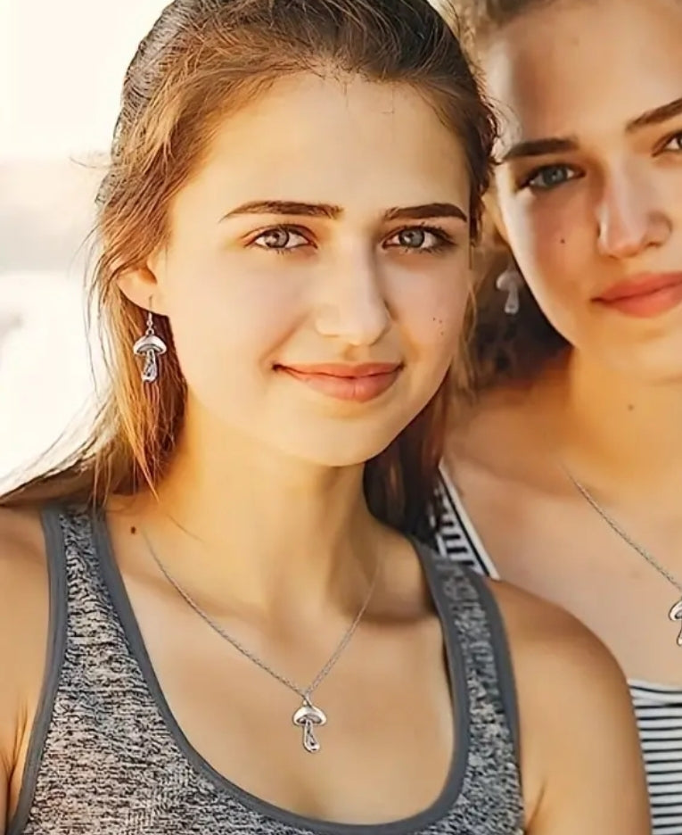 Mushroom Earrings and Necklace Set - Silver