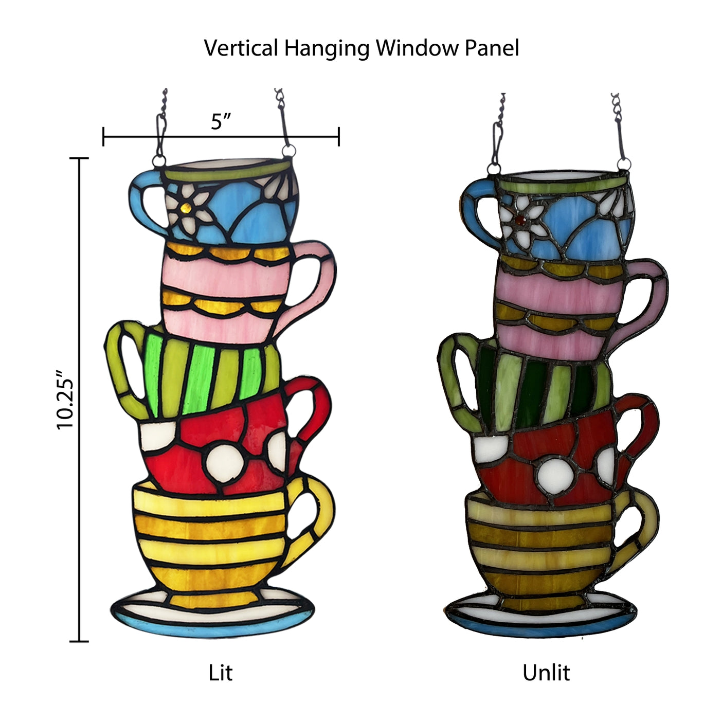 Colorful Stacked Teacups Stained Glass Window Panel 10 1/4 " H