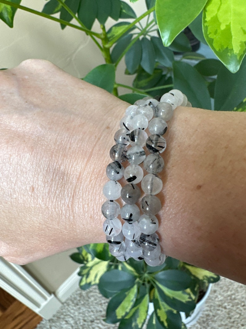 Black Rutilated Tourmaline - Bead Bracelet 8mm