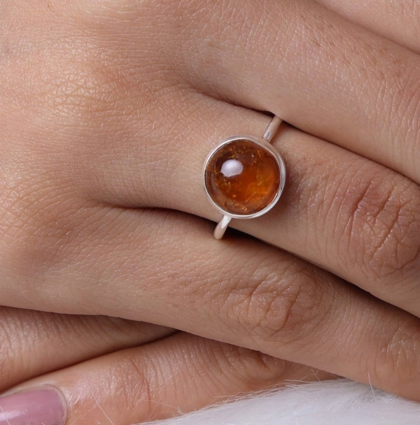 Sterling Silver Round Genuine Baltic Amber Ring