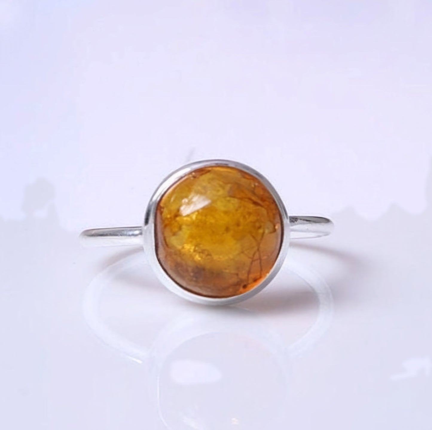 Sterling Silver Round Genuine Baltic Amber Ring