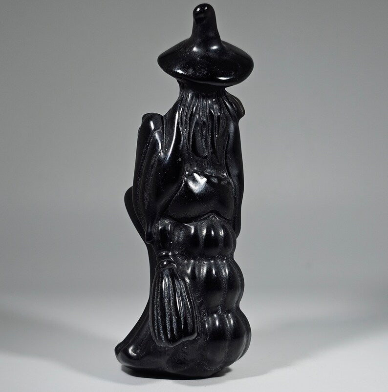 Obsidian Carved Witch on Broom  3 1/2"