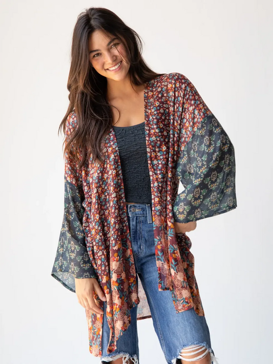 Sierra Mixed Print Kimono - Brown Teal Floral (Sm/Md)