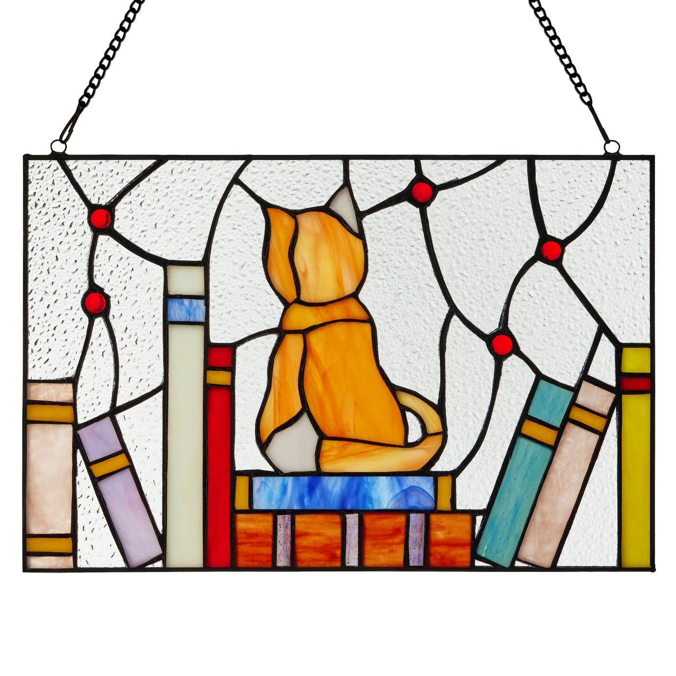 Kitten with Books Stained Glass Window Panel 13"