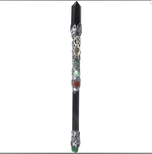 Magik Wand - Black Obsidian Point w/ Silver Spiral Goddess