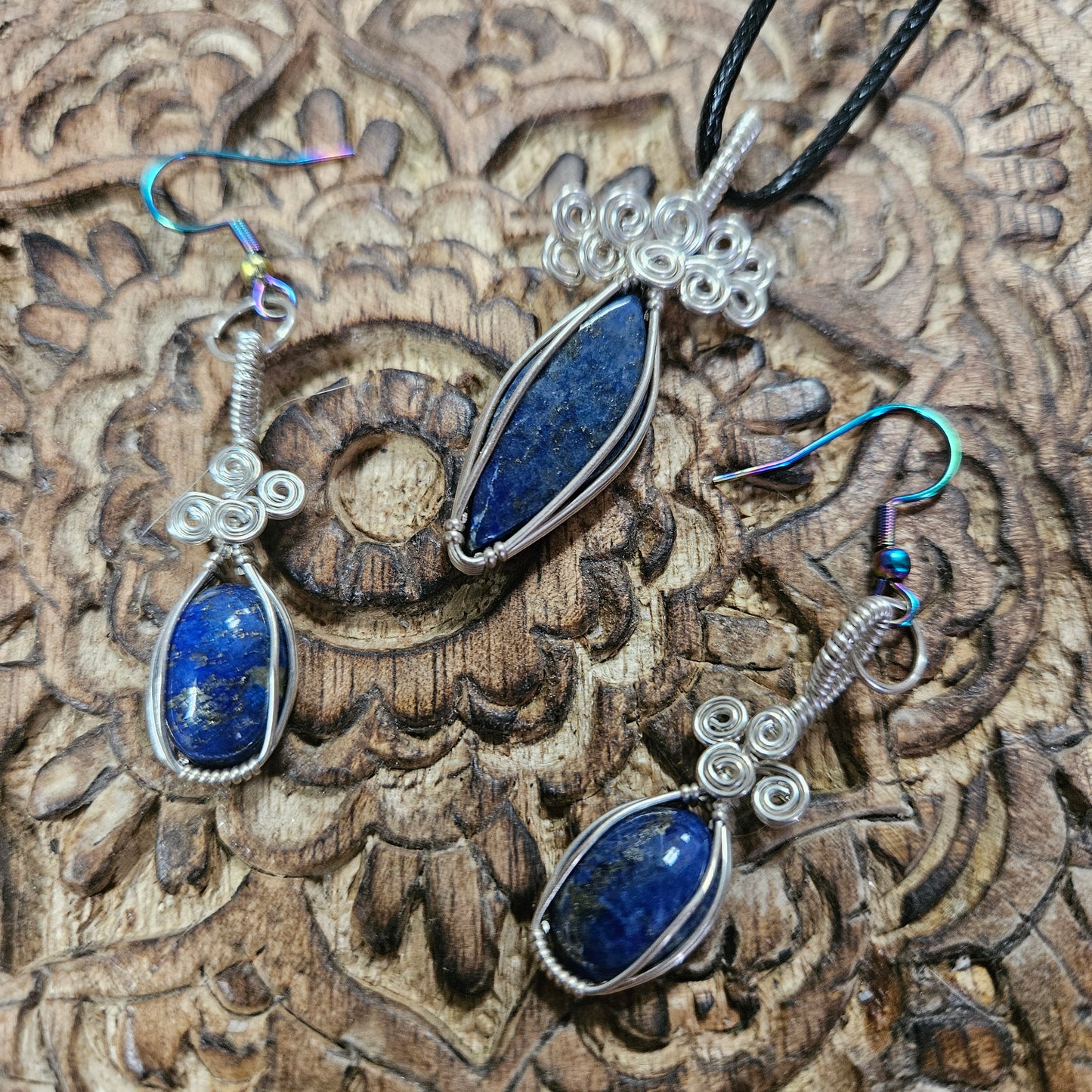 Sterling Silver Wire Wrap Lapis Lazuli Set (Earrings & Pendent) - Benefits Save the Strays Schuylkill
