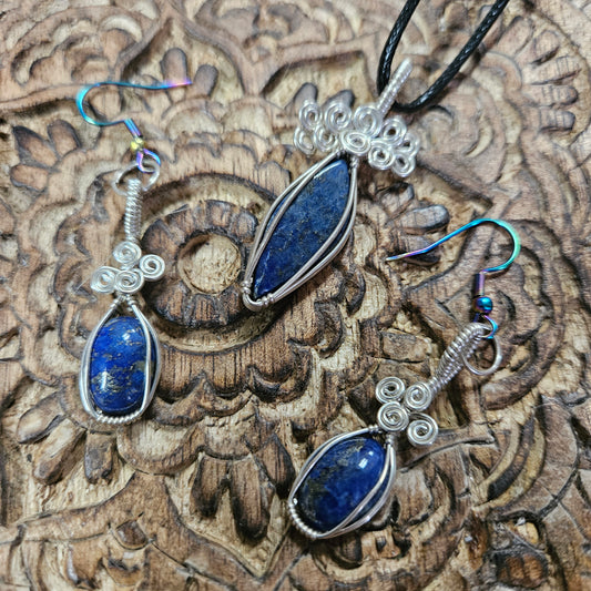 Sterling Silver Wire Wrap Lapis Lazuli Set (Earrings & Pendent) - Benefits Save the Strays Schuylkill