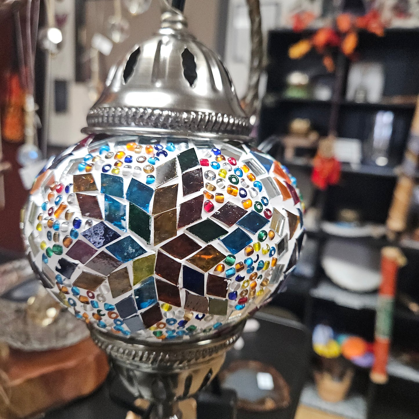 Turkish Table Lamp, Handmade White Multi Color Star Pattern Globe