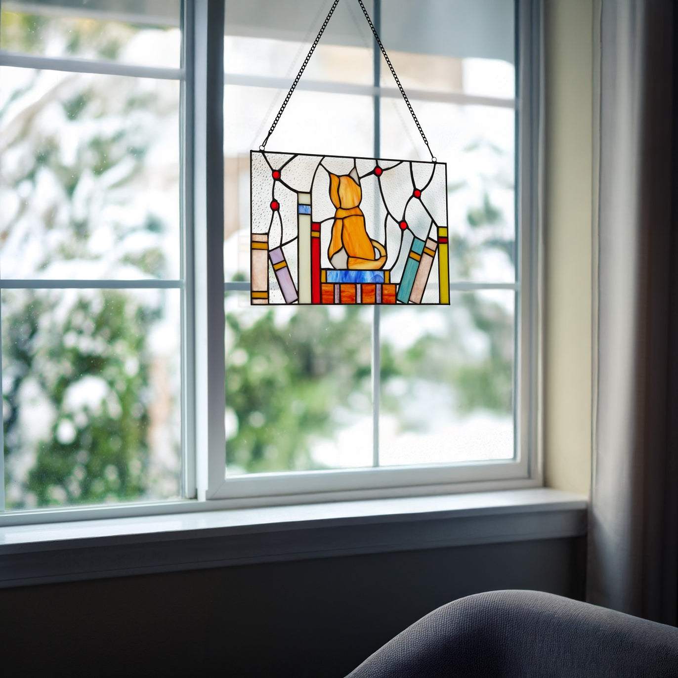 Kitten with Books Stained Glass Window Panel 13"