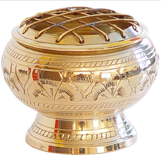 Brass Burner Flower Engraved Large with Grid Cover