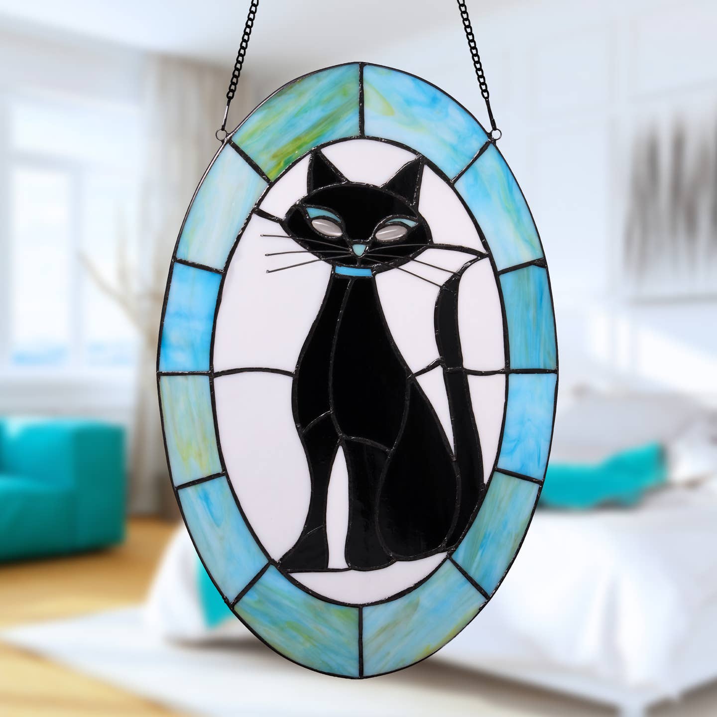Art Deco Black Cat Stained Glass Window Panel 17"