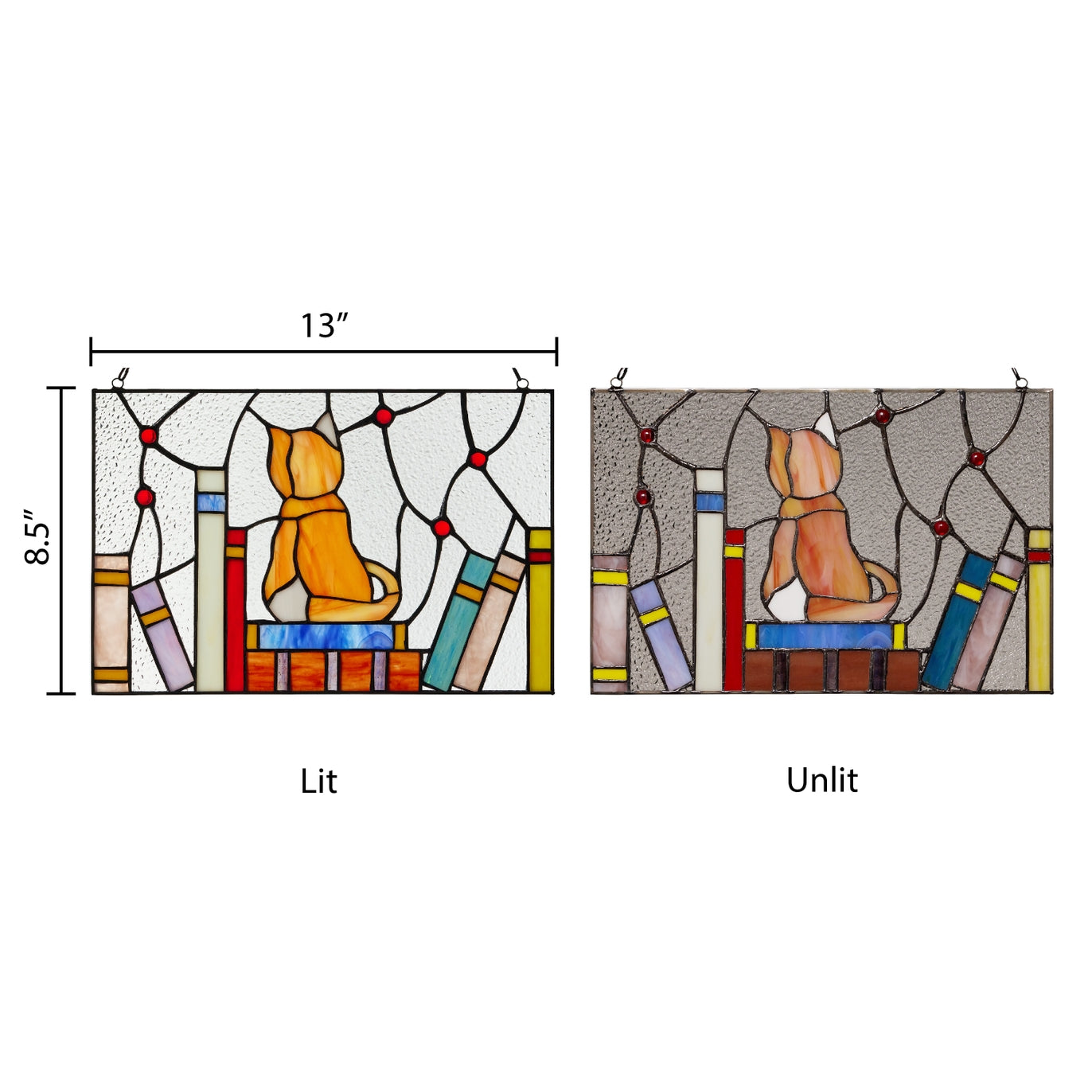 Kitten with Books Stained Glass Window Panel 13"