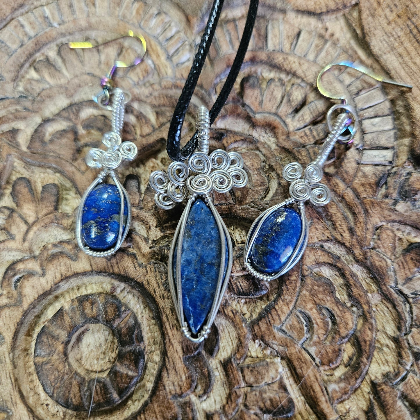 Sterling Silver Wire Wrap Lapis Lazuli Set (Earrings & Pendent) - Benefits Save the Strays Schuylkill