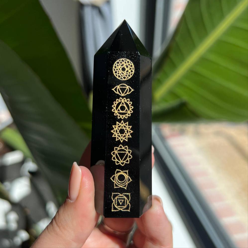 Black Obsidian Etched Gold Chakra Crystal Tower