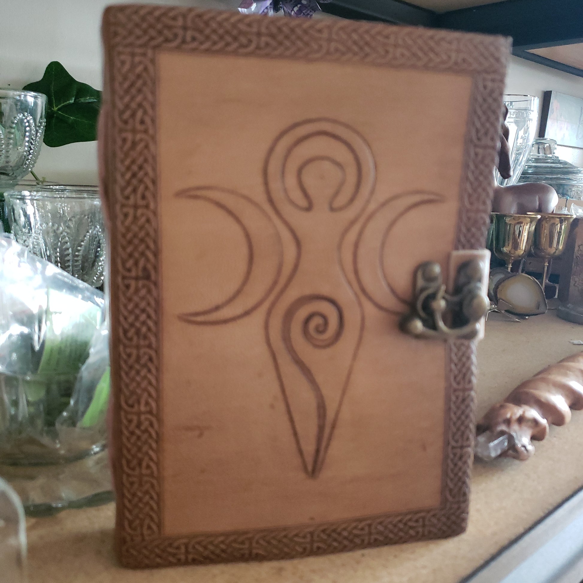 Triple Moon Goddess Embossed Blonde Leather Journal w/ latch - Tree Of Life Shoppe