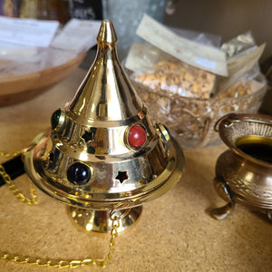Brass Hanging Incense Burner with Beading - Med