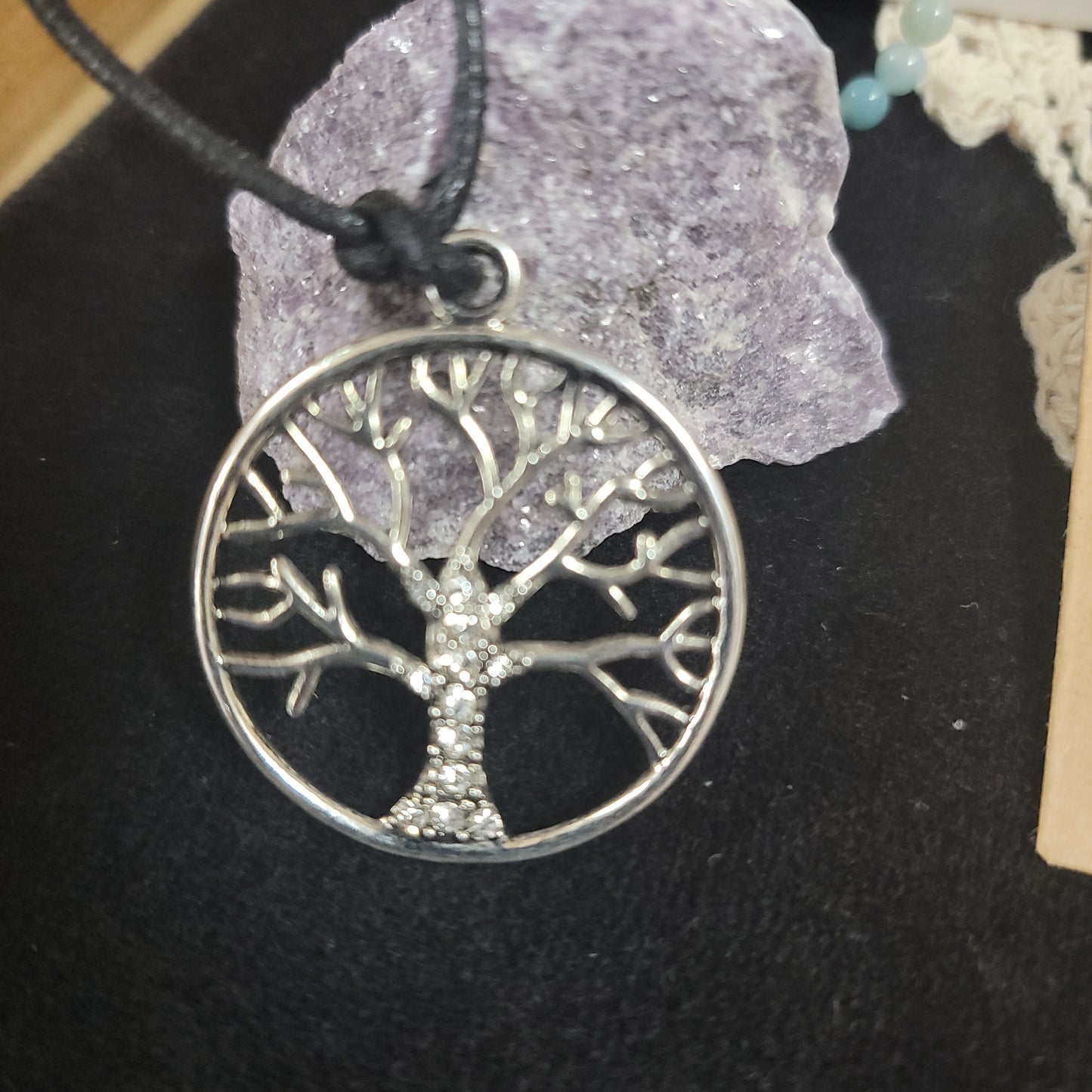 Corded Tree Of Life Charm with Rhinestones Necklace