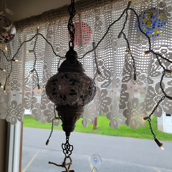 Turkish Ceiling Hanging Lamp, Handmade Small Globe Purples & Pinks