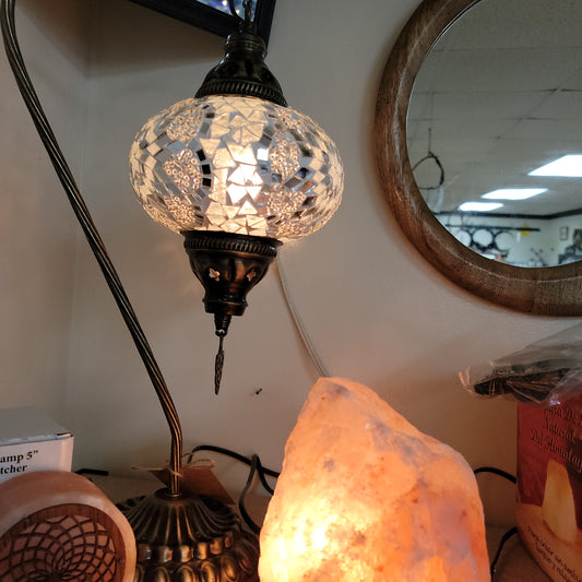 Turkish Style Hanging Table Lamp, Handmade White and Silver Diamond Pattern Globe