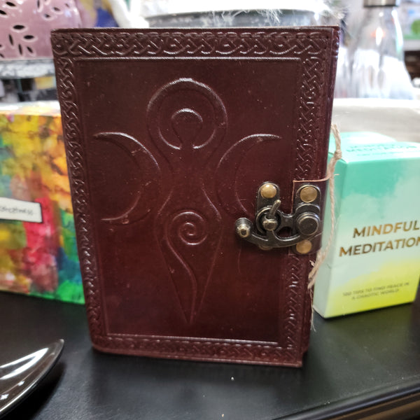 Triple Moon Goddess Embossed Brown Leather Journal w/ latch 5 x 7" (Maiden, Mother, Crone)